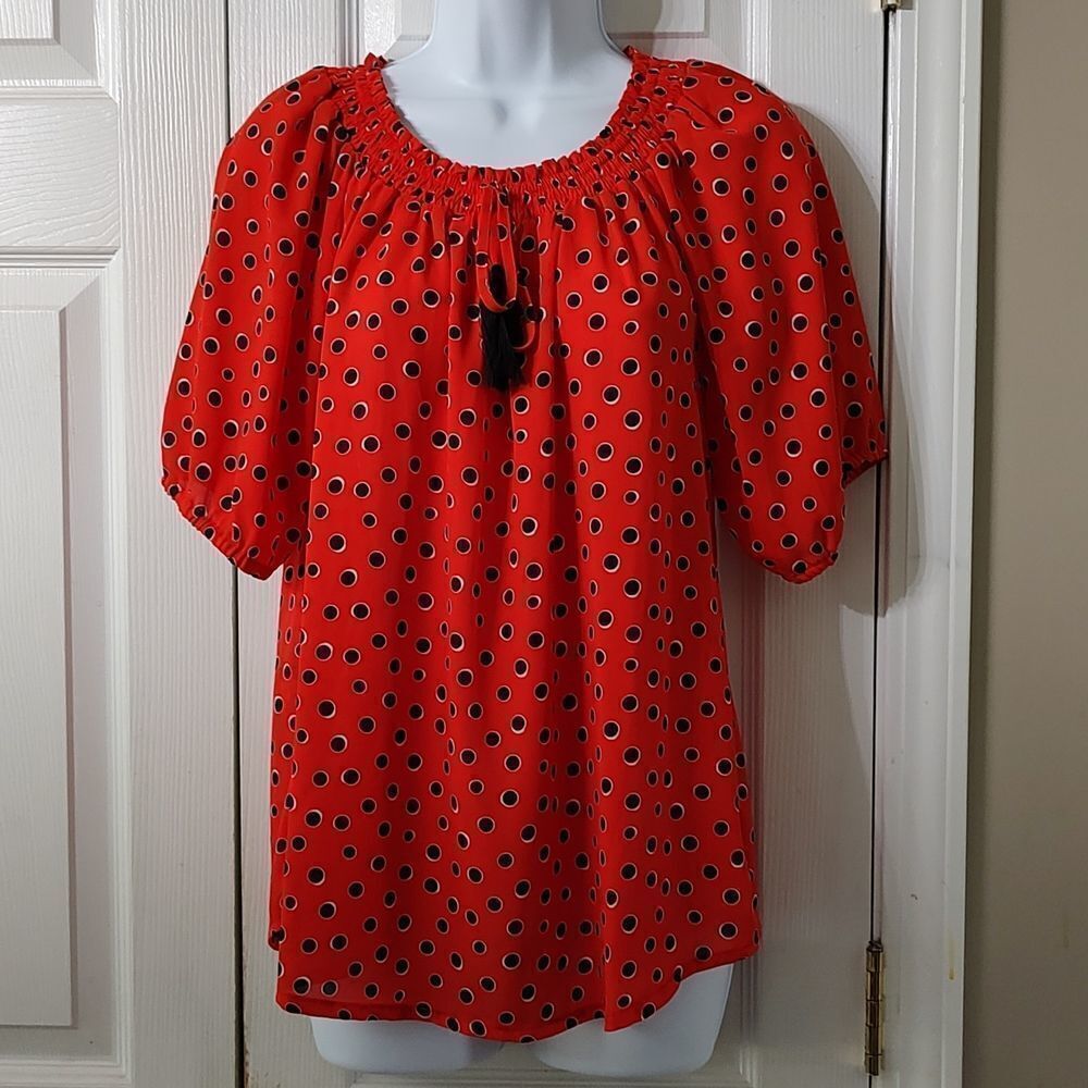 Christopher & Banks  red black polka dot blouse  Sz M